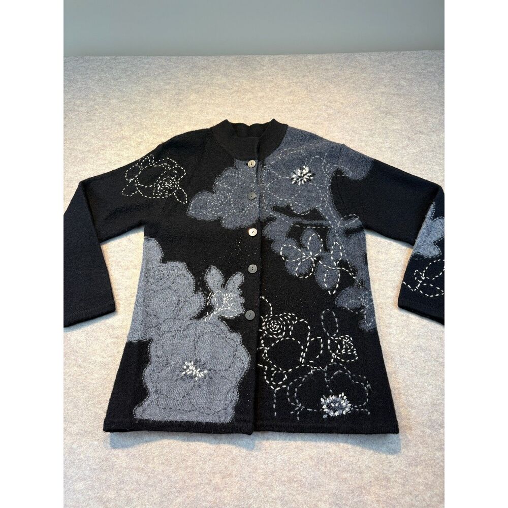 Susan Bristol Hand Embroidered Wool Cardigan Black Gray Floral Size M